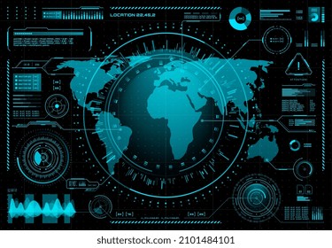 HUD ui futuristic user interface. Vector world map and business data charts. Digital screen of head up display dashboard panel, blue holograms of circular diagram, statistic graphs, warning signs