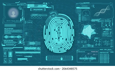 HUD, UI, GUI biometric access control interface. Concept of fingerprint technology identification. Futuristic sci-fi red interface, biometric authorization technology on tech background 