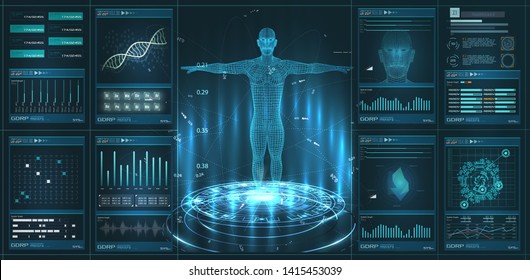 HUD, UI, GUI element medical examination. Display set of virtual interface elements. Modern medical examination HUD style. Medical Health Care Human Virtual Body Hi Tech Diagnostic Analysis clone DNA