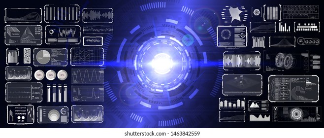 HUD UI GUI elements set pack. Digital abstract lens flare space and interface elements  (You can repaint a different color in 1 click). Futuristic concept, energy reactor and HUD interface. Vector