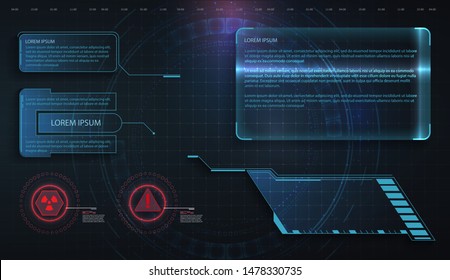 HUD, UI, GUI futuristic frame user interface screen elements set. Set with call outs communication. Abstract control panel layout design. Virtual hi Scifi technology gadget interface for game app