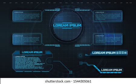 HUD, UI, GUI futuristic Frame Benutzeroberfläche Bildschirm Elemente Set. Mit Anrufkommunikation eingerichtet. Abstraktes Layout des Bedienfelds. Virtual hi Scifi Technologie Gadget-Schnittstelle für Spiel-App