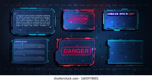 HUD, UI, GUI futuristic frame user interface screen elements set. Set with call outs communication. Abstract control panel layout design. Virtual hi Scifi technology gadget interface for game app