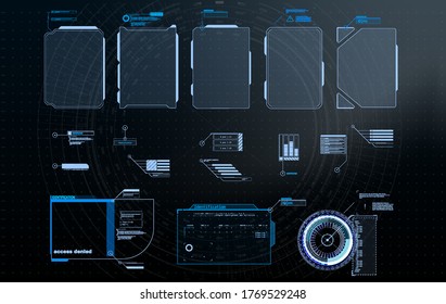 HUD, UI, GUI futuristic Frame Benutzeroberfläche Bildschirm Elemente Set. Mit Anrufkommunikation eingerichtet. Abstraktes Layout des Bedienfelds. Virtual hi Scifi Technologie Gadget-Schnittstelle für Spiel-App