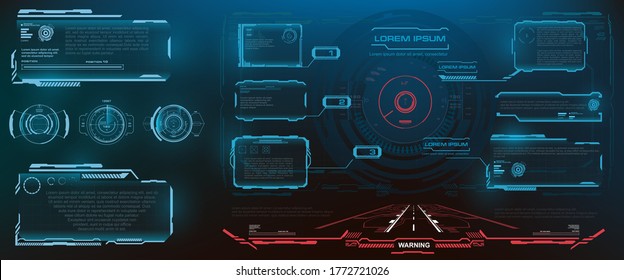 HUD, UI, GUI futuristic frame user interface screen elements set. Set of futuristic vector pop-up screens with information. Holographic screens with frame for video games