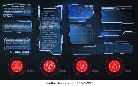 HUD, UI, GUI futuristic frame user interface screen elements set. Set with call outs communication. Abstract control panel layout design. Virtual hi Scifi technology gadget interface for game app