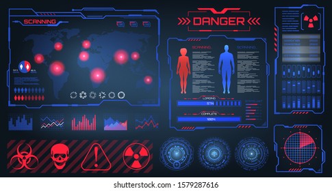 HUD, UI, GUI Futuristic Frames User Interface. Apocalipsis, Epidemic, Quarantine Zones. Scanning System - Illustration Vector