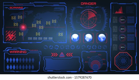 HUD, UI, GUI Futuristic Frames User Interface. Warning, Danger Elements. Dashboard, Scanning System - Illustration Vector