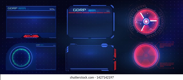 HUD UI GUI futuristic user interface screen elements set. High tech screen for video game. Sci-fi concept design. Vector abstract graphic design.Warning frame. Abstract tech design. Technology design
