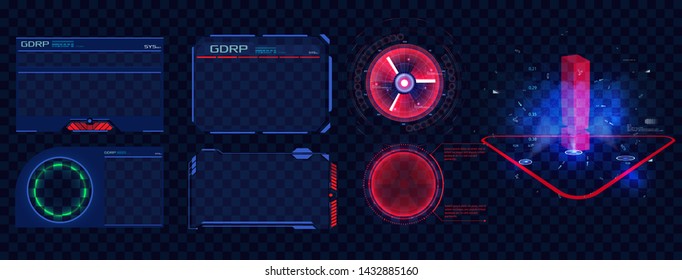 HUD UI GUI futuristic user interface screen isolated elements set. High tech screen for video game. Sci-fi concept design. Callouts titles isolated on blue. Vector illustration