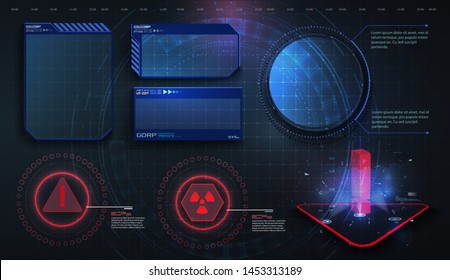 HUD, UI, GUI futuristic user interface screen elements set. High tech screen for video game. Sci-fi concept design. Callouts titles. Modern banners, frames  of lower third. Red. Vector illustration