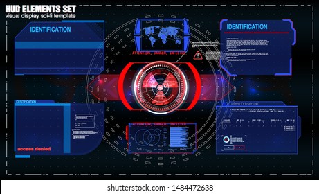 HUD, UI, GUI futuristic user interface screen elements set. High tech screen for video game. Sci-fi concept design. Callouts titles. Modern banners, frames of lower third. Red. Vector illustration