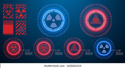 HUD, UI, GUI futuristic user interface screen elements set.  Coronavirus and red and blue biohazard sign. The virus is an epidemic. Warning sign danger.Modern banners, frames of lower third. Vector