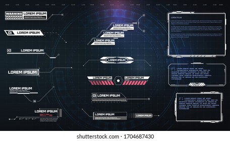 HUD, UI, GUI futuristic user interface screen elements set. High tech screen for video game. Sci-fi concept design. Callouts titles. Modern banners, frames of lower third.Sci-fi empty banners for text