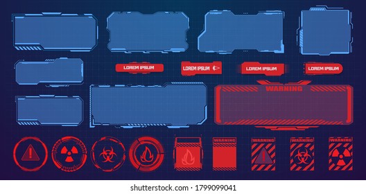HUD, UI, GUI futuristic user interface screen elements set. High tech screen for video game. Sci-fi design. Callouts titles. Modern banners, frames of lower third. Red warning, danger frame. Vector