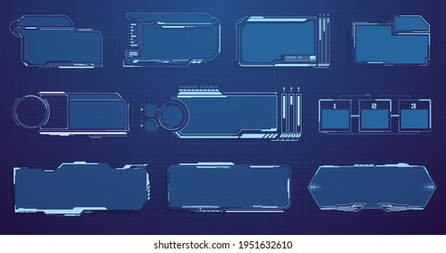 HUD, UI, interfaz gráfica de usuario futurista elementos de pantalla establecidos. Pantalla de alta tecnología para videojuegos. Diseño de concepto de ciencia ficción. Títulos de llamadas. Banners modernos, marcos de la tercera parte inferior. Ilustración del vector