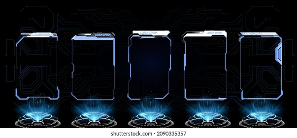 HUD, UI, interfaz gráfica de usuario futurista elementos de pantalla establecidos. Pantalla de alta tecnología para videojuegos. Resumen de la interfaz de usuario de toque gráfico virtual.   estilo de juego. Elementos modernos del ciberpunk. 