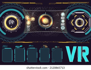 HUD, UI, GUI futuristic user interface screen elements set. High tech screen for video game. Sci-fi concept design.  Virtual hi Scifi HUD, UI, GUI futuristic user frame interface screen elements set.