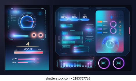 HUD, UI, GUI Futuristic User Interface. Dashboard, Scanning System infographic elements like scanning graph or waves. Cyberpunk graphs. Display with data for computing, virtual game. Blue neon color svg
