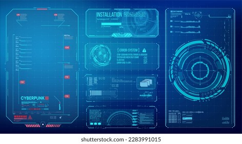 HUD UI GUI futuristic Benutzeroberfläche Bildschirm Elemente Set. Hightech-Bildschirm für Videospiel. Sci-fi Konzept Design. Quadratzrahmen blockieren MEND-Schnittstellenelemente. Futuristischer Warnrahmen. Vektorgrafik