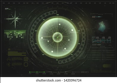 HUD, UI, GUI green interface element radar. Target detection on the radar screen.Blip. Futuristic design elements. Vector illustration