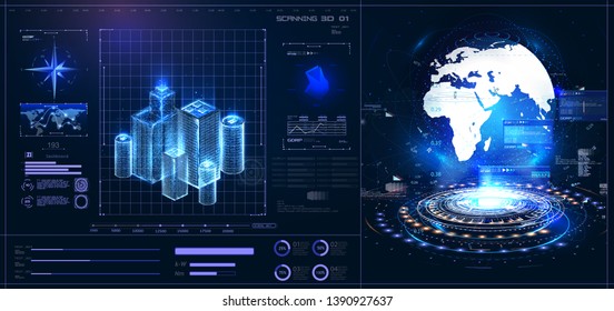 	
Centro de control de interfaz gráfica de usuario HUD UI. Planeta Tierra en el futuro estilo futurista. Pantalla interactiva con panel de control. Holograma del planeta sobre fondo azul. Vector