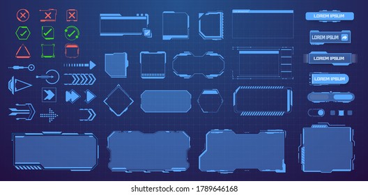 HUD, UI, GUI,fui, Sci Fi  futuristic frame user interface screen elements mega set pack. Control panel for game apps. Callout bar labels, digital info boxes, buttons. Interface elements game. Vector - Shutterstock ID 1789646168