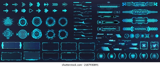 HUD, UI - paquete gráfico de interfaz. Elementos Skyfi. Cuadro gráfico de interfaz de usuario futurista para UI, UX, KIT, GUI. Conjunto HUD - Líneas digitales, flechas, títulos de llamadas, círculo, marcos, etiquetas de barras. Conjunto de vectores