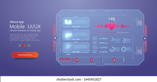 HUD UI for medical app. Futuristic user interface HUD and Infographic elements. Abstract virtual graphic touch user interface. Medical health care, human organs, virtual body hi tech diagnostic panel.