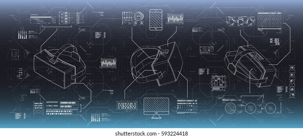 HUD ui for virtual reality glasses. Futuristic user interface for app and web. Head-up display infographic, set elements for motion design.
