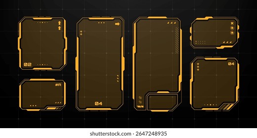 Conjunto de vetores de elementos de interface do usuário Hud. Design de telas de exibição futurista para jogos cibernéticos ou realidade virtual. Painel de estrutura de alta tecnologia em fundo preto.