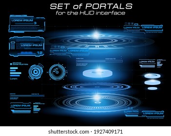HUD user interface with holographic digital portal. Set virtual interface elements on holographic digital panel. Abstract techno background. Digital panel with holographic portal