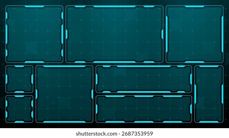Hud vector graphic with multiple futuristic frames for data display. Concept of digital interface and augmented reality for technology.