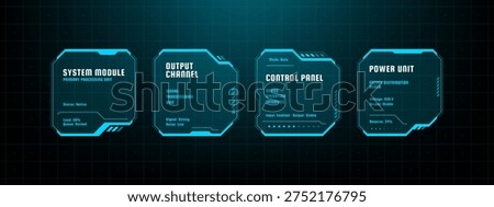 Hud vector graphic with system module, output channel, control panel and power unit. Futuristic user interface elements on dark digital background. High tech data monitoring HUD system.