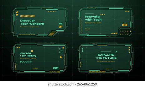 Gráficos vetoriais de HUD de quadros digitais com maravilhas tecnológicas, atualização de realidade, exploração futura, conceito de inovação.