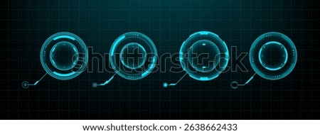 Hud vector graphics. Four different styles of futuristic head-up display elements on a dark grid background. Digital interface for technology concept. Vector graphics.