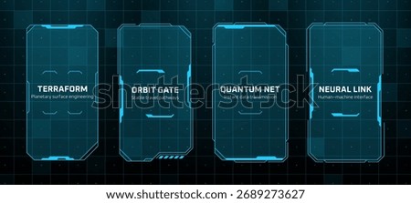Hud vector graphics of four futuristic data windows displaying terraform, orbit gate, quantum net, and neural link concepts.