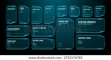 Hud vector graphics set for futuristic user interface design. Technology dashboard elements showing system status, power unit, and control panel. Digital data visualization display.