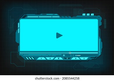 HUD video player futuristic interface vector design of hologram movie screen with media control buttons, menu bar and volume slider. Digital player of multimedia app, web and mobile application ui