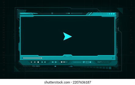 HUD video player futuristic screen interface, game ui, web and mobile app. Vector digital media player with future technology hologram screen, neon blue frame, play button, progress bar and sliders