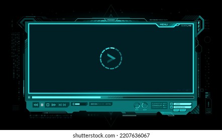 HUD Video Player Screen Interface. Futuristic Ui Of Vector Digital Video Player, Hologram Overlay Screen With Neon Glowing Frame Border, Play Symbol, Media Control Buttons And Progress Bar With Slider
