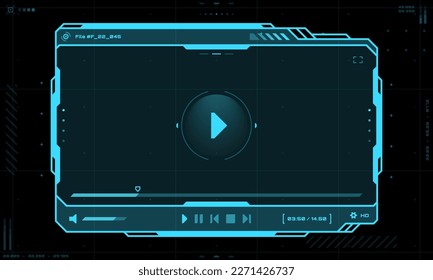 Interfaz de pantalla del reproductor de vídeo HUD y marco de interfaz de usuario, plantilla de vector futurista para reproducción en directo. Pantalla de holograma del reproductor de vídeo HUD con sobreposición de botones, película web o pantalla de flujo de vídeo en línea