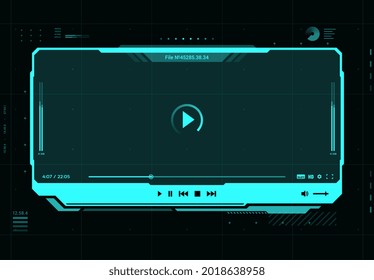 Interfaz de pantalla futurista de video y reproductor de sonido HUD, reproducción multimedia vectorial. Reproductor web de música o vídeo HUD, para medios de audio y streaming en vivo en línea con botones de reproductor de pausa, marco de vídeo