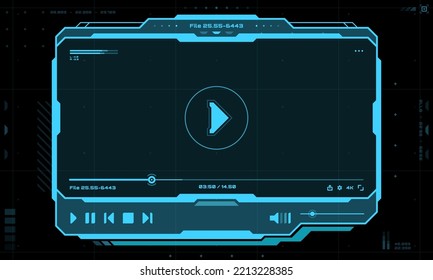 HUD video and sound player futuristic screen interface. Live audio player UI with digital navigation bar or panels. GUI futuristic vector display, SCI FI music control panel or neon blue frame buttons