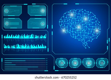 HUD Virtual Futuristic Brain Analysis User Interface Control Panel Technology Vector Background. Circle Elements Shape Template And Energy Bar Graphic Equalizer