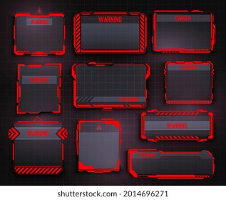 HUD warning display and screen frames, danger info borders. Safety system alert window, spaceship caution message and futuristic UI interface warning vector panels with red arrows and high tech frames