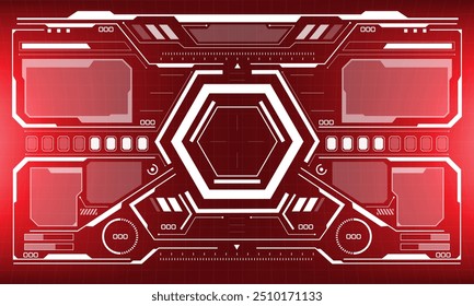 HUD white sci-fi interface screen view black geometric design virtual reality futuristic technology creative display on red vector illustration.