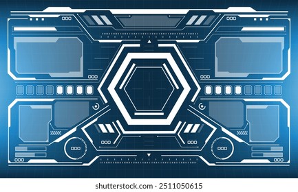 HUD blanco interfaz de ciencia ficción vista de pantalla negro diseño geométrico realidad virtual tecnología futurista pantalla creativa en Ilustración vectorial azul.