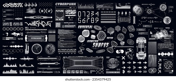 HUD, Y2k, Retrofuturistic 3D shapes, streetwear prints in futuristic style, Sci-Fi elements. Cyberpunk graphic box with effect glitch, liquid. Digital y2k arts for t-shirt, typography. HUD vector set