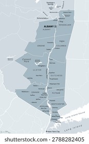Hudson River Valley, U.S. state of New York, gray political map, stretching from the Capital District including Albany and Troy south to Yonkers in Westchester County, bordering New York City. Vector